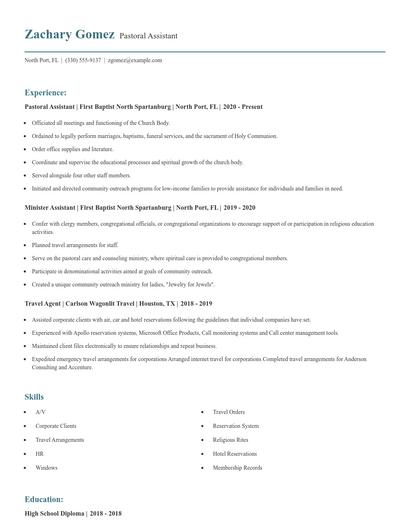 Pastoral Assistant Resume