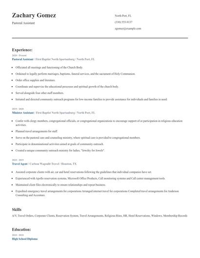 Pastoral Assistant Resume