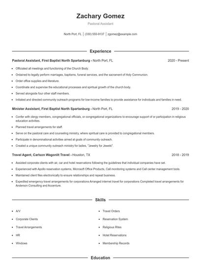 Pastoral Assistant Resume