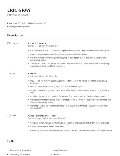 Pastoral Counselor Resume