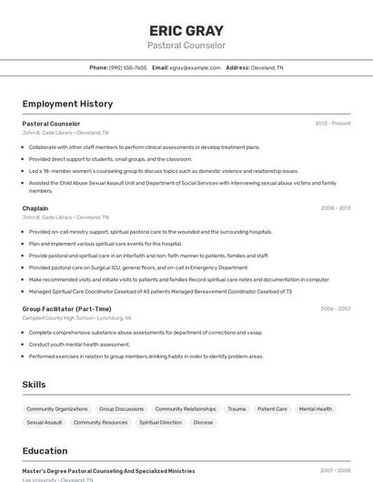 Pastoral Counselor Resume