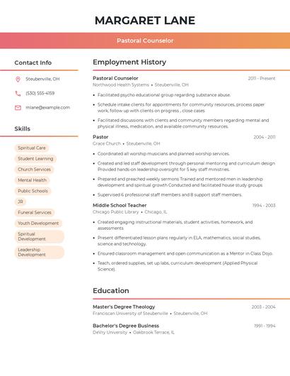 Pastoral Counselor Resume