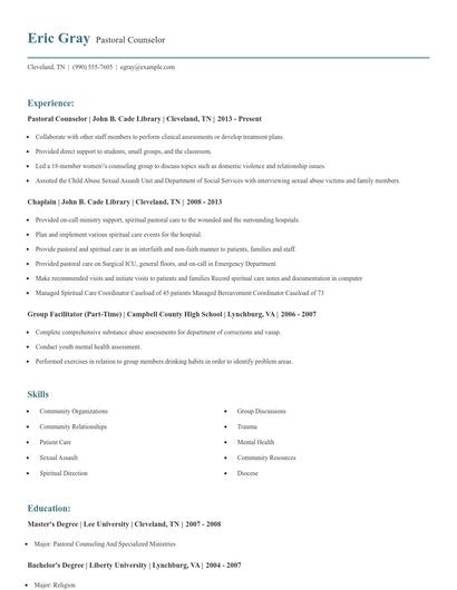 Pastoral Counselor Resume