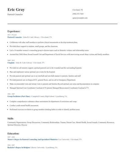 Pastoral Counselor Resume