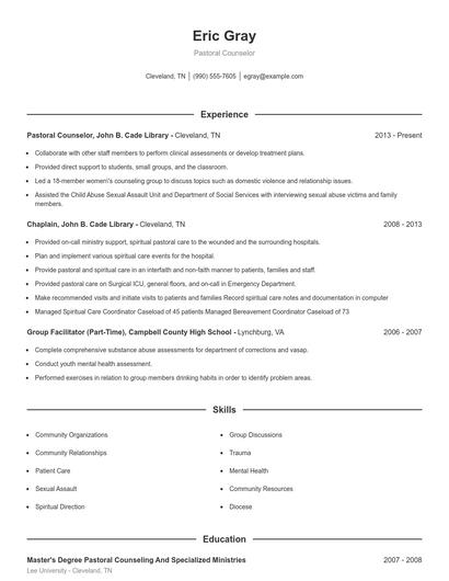 Pastoral Counselor Resume
