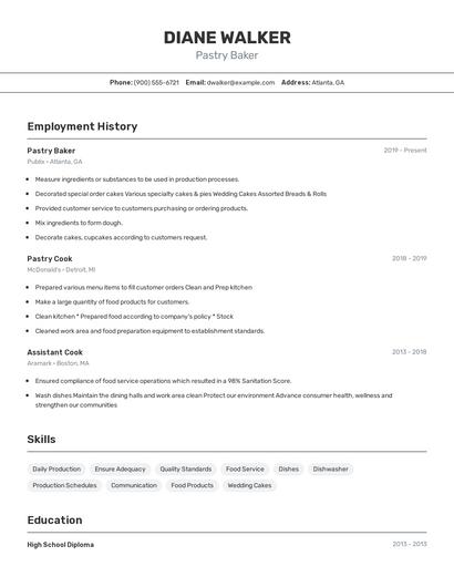 Pastry Baker Resume