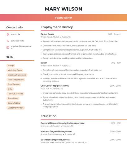 Pastry Baker Resume