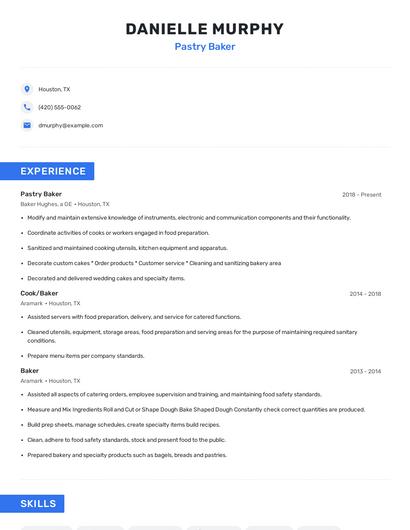 Pastry Baker Resume