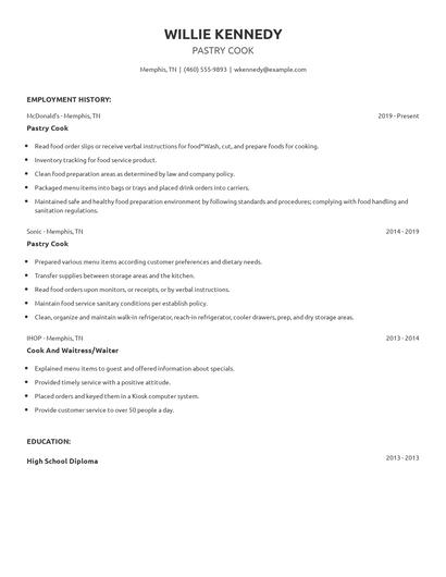 Pastry Cook Resume