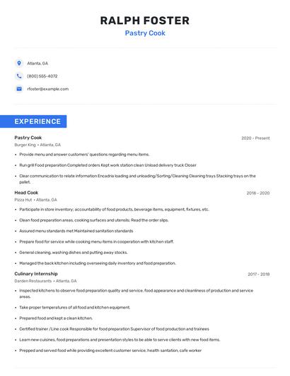 Pastry Cook Resume
