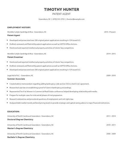 Patent Agent Resume
