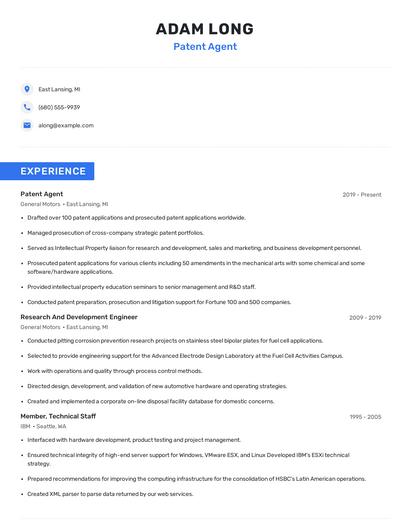 Patent Agent Resume
