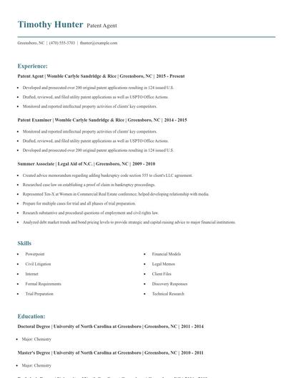 Patent Agent Resume