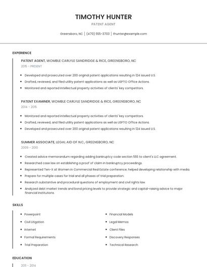 Patent Agent Resume