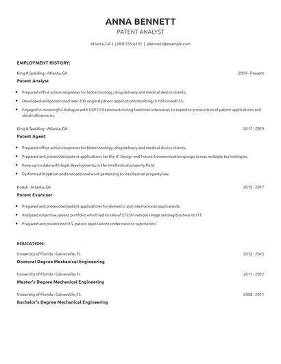 Patent Analyst Resume