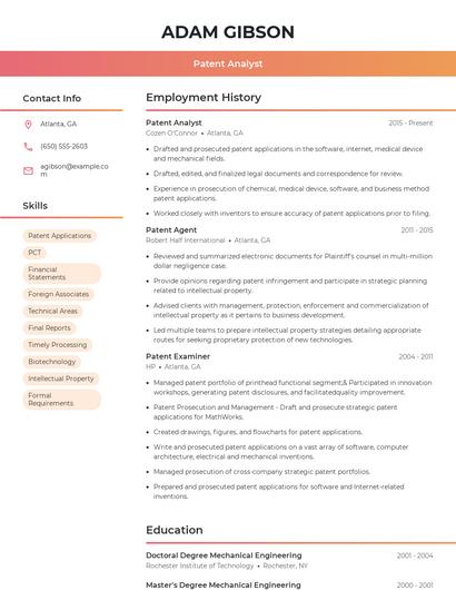 Patent Analyst Resume