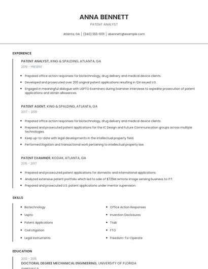 Patent Analyst Resume