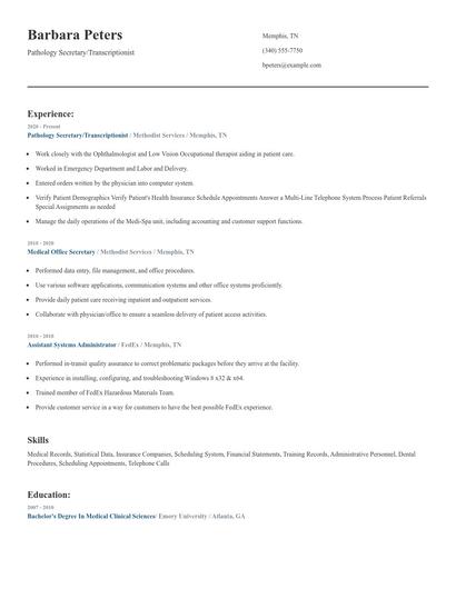 Pathology Secretary/Transcriptionist Resume