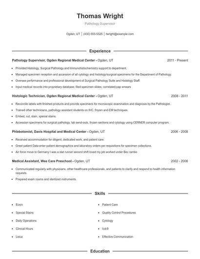 Pathology Supervisor Resume