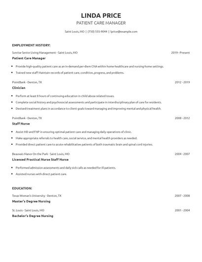 Patient Care Manager Resume