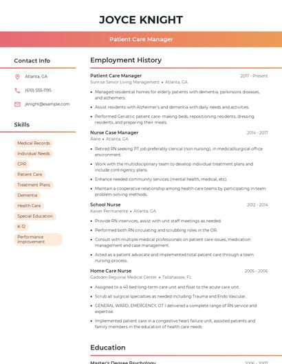 Patient Care Manager Resume