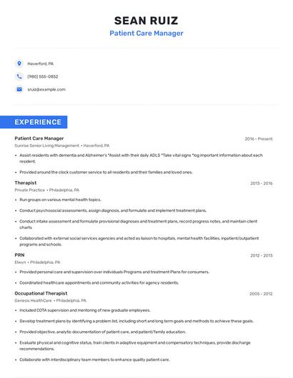Patient Care Manager Resume