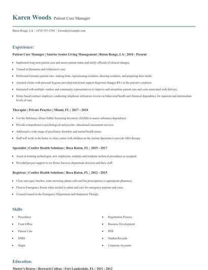 Patient Care Manager Resume
