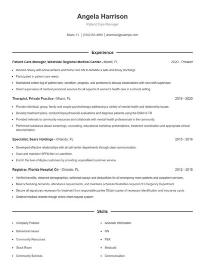 Patient Care Manager Resume