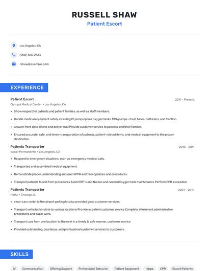 Patient Escort Resume