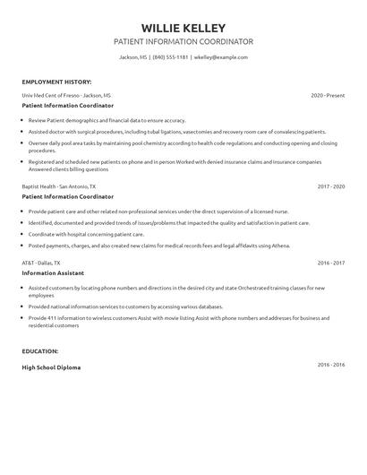 Patient Information Coordinator Resume