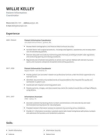 Patient Information Coordinator Resume