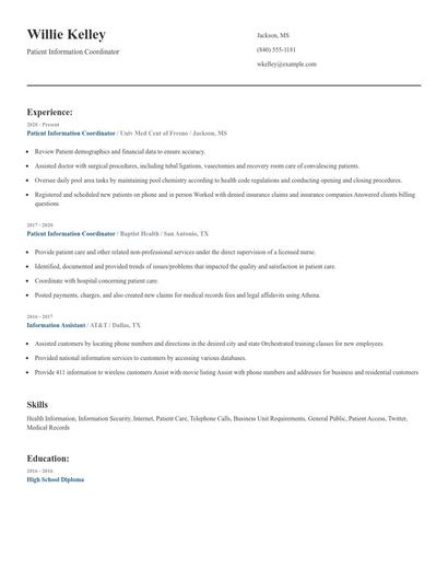 Patient Information Coordinator Resume