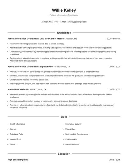Patient Information Coordinator Resume