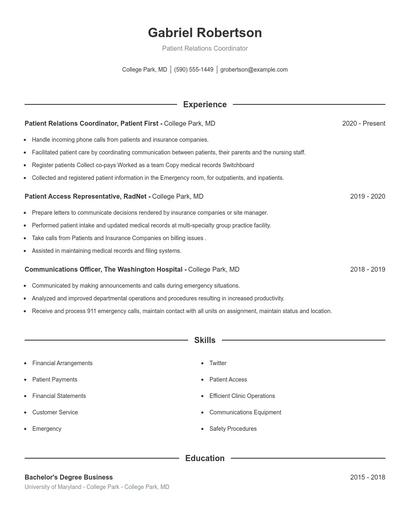 Patient Relations Coordinator Resume