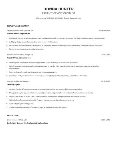 Patient Service Specialist Resume