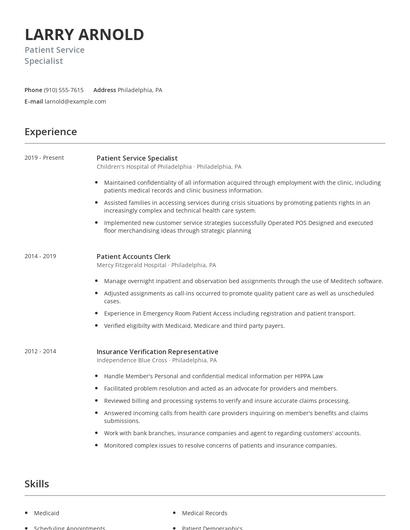 Patient Service Specialist Resume