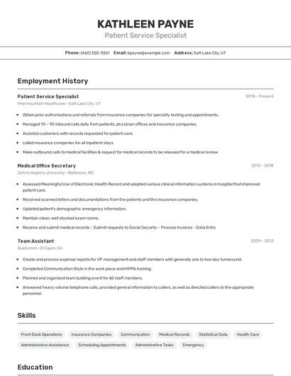 Patient Service Specialist Resume