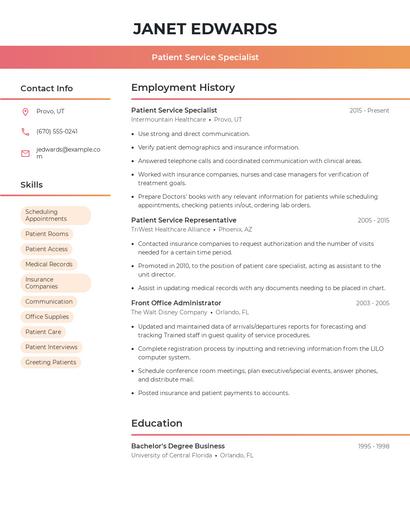 Patient Service Specialist Resume