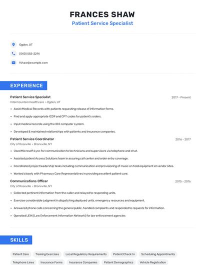 Patient Service Specialist Resume