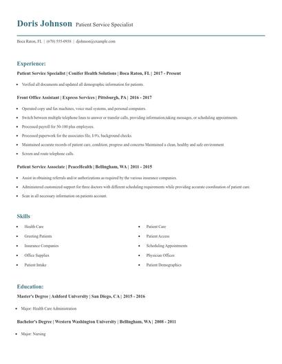 Patient Service Specialist Resume