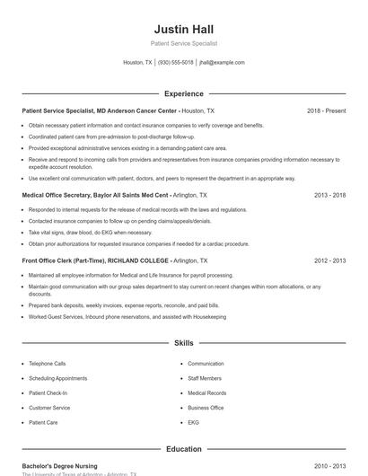 Patient Service Specialist Resume