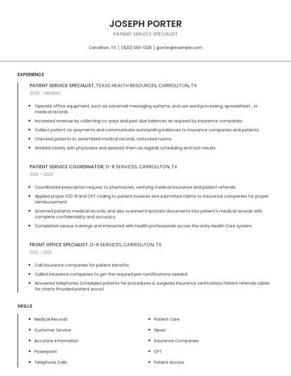 Patient Service Specialist Resume