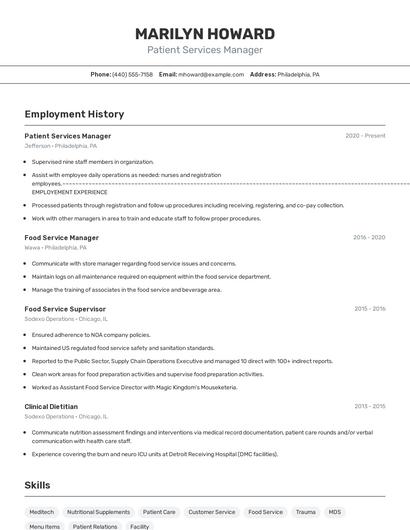 Patient Services Manager Resume