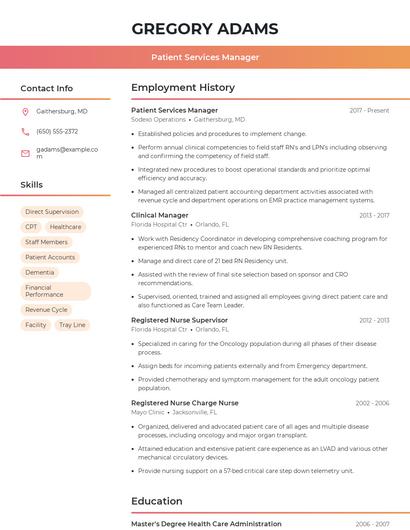 Patient Services Manager Resume