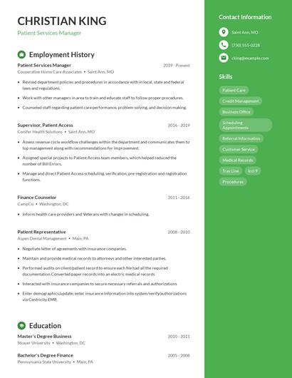 Patient Services Manager Resume