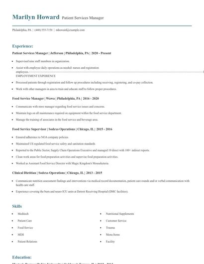 Patient Services Manager Resume