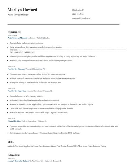 Patient Services Manager Resume