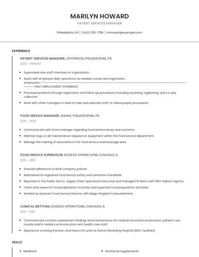Patient Services Manager Resume