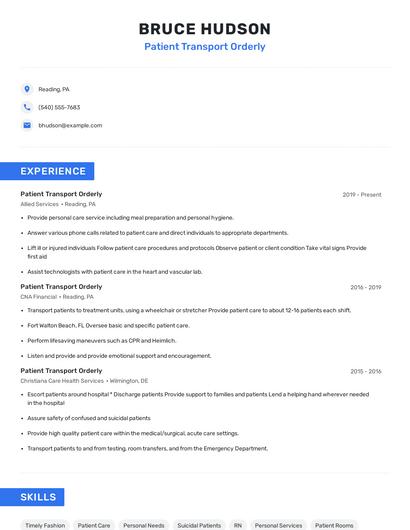 Patient Transport Orderly Resume