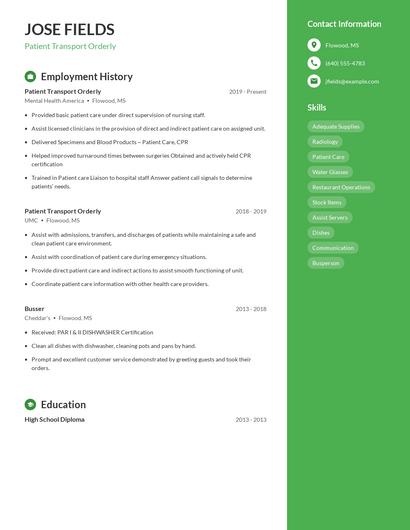 Patient Transport Orderly Resume